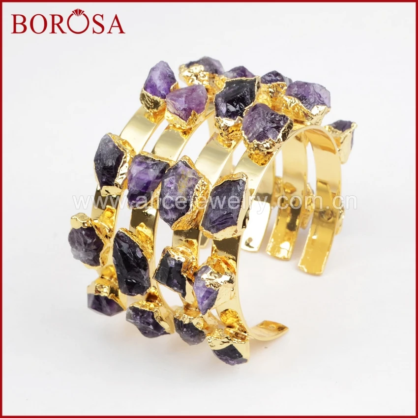 

BOROSA New Amethysts Druzy Cuff Bangle Gold Electroplated Seven Rough Drusy Bangle Gems Jewelry For Women G1222