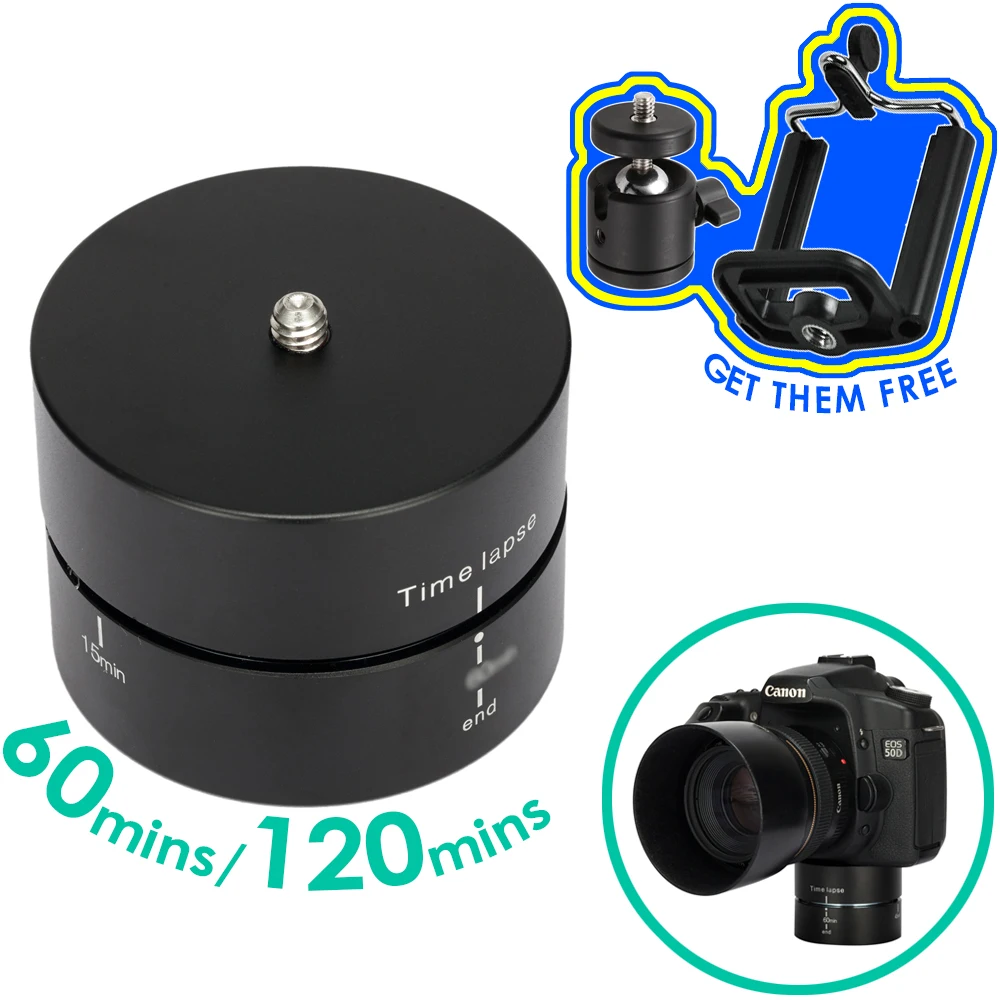 

360 Degree Rotation Mount 60 120 Minutes Time lapse Panorama Pan Head for Smart Phone GoPro Light DSLR Camera 3kg Capacity