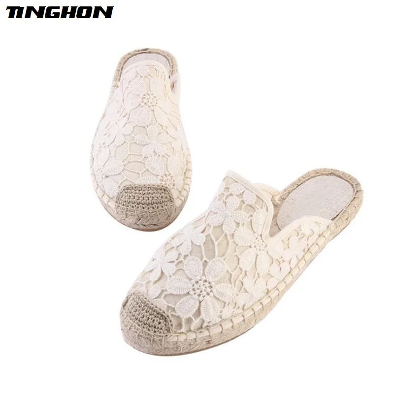 Женские холщовые туфли TINGHON эспадрильи с цветочным кружевом ремешком на