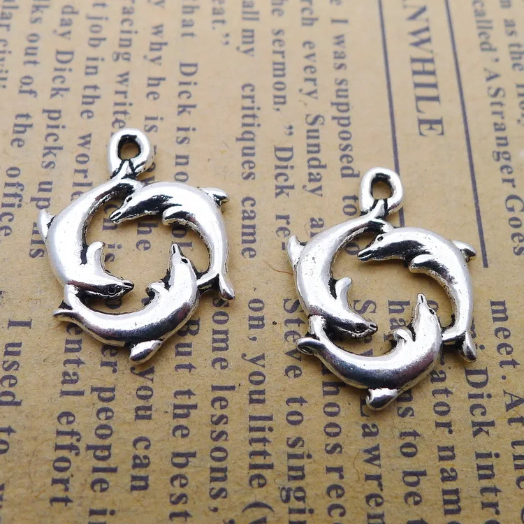

150pcs three dolphin circle antique silver alloy Pendant charm Handmade earring bracelet necklace Jewelry DIY Components 16*21mm