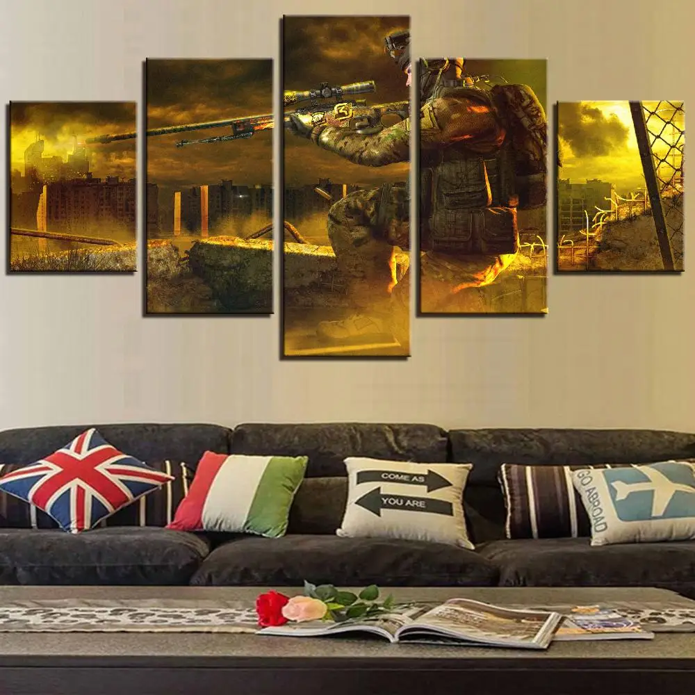 Картина на холсте солдат с пистолетом игра поле битвы 5 шт. настенная живопись