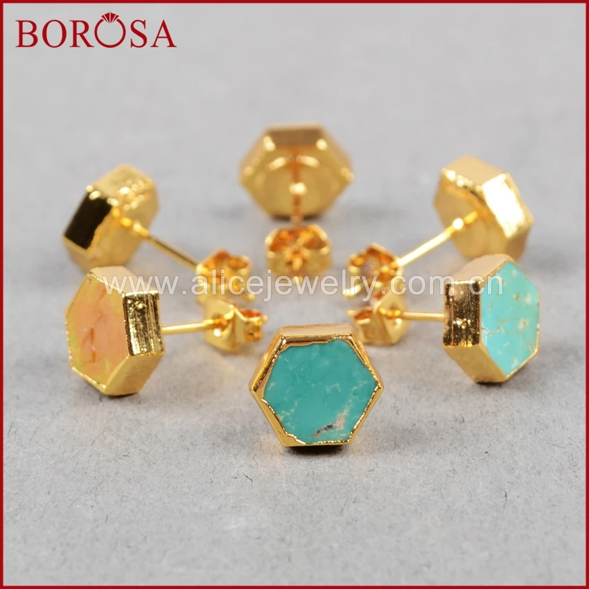 Женские серьги гвоздики BOROSA 5 пар в форме Шестиугольника натуральная бирюза