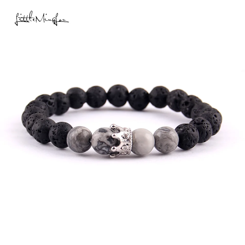 Little Minglou роскошный мужской браслет 8 мм натуральный камень бисер и CZ Корона