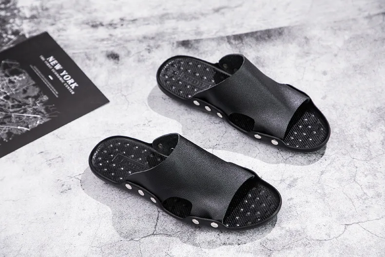 Mazefeng Summer Genuine Leather Slippers High Quality Men Sandals Rivet Beach Mens Slippers Platform Male Sandals Rubber Shoes