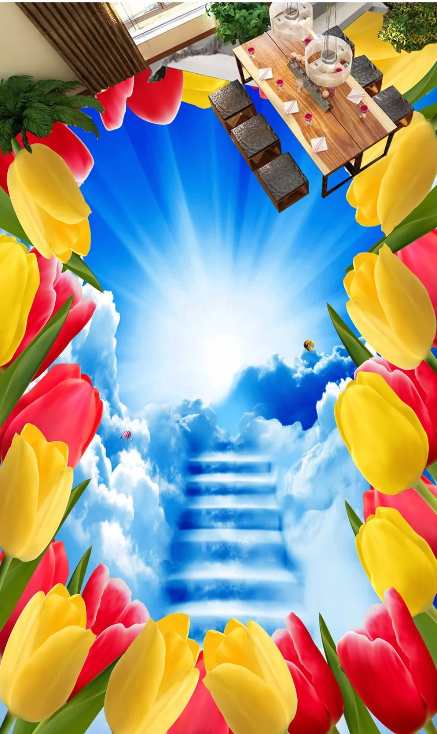 

Free Shipping custom flowers cloud ladder blue sky bathroom living room hall 3D floor sticker painting