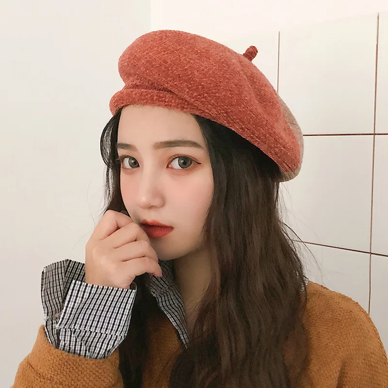 

Fashion autumn/winter 2019 beret versatile pumpkin hat art and color matching student chenille octagonal hat