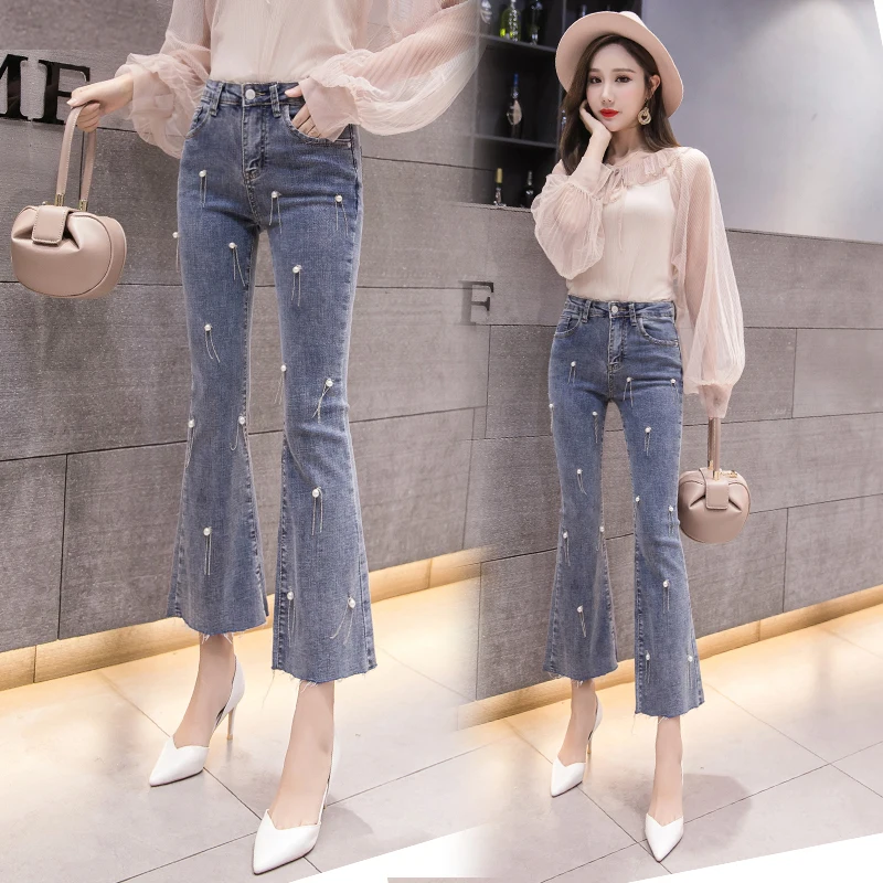 Джинсы клеш MUMUZI шикарные Украшенные бусинами женские джинсовые брюки новинка