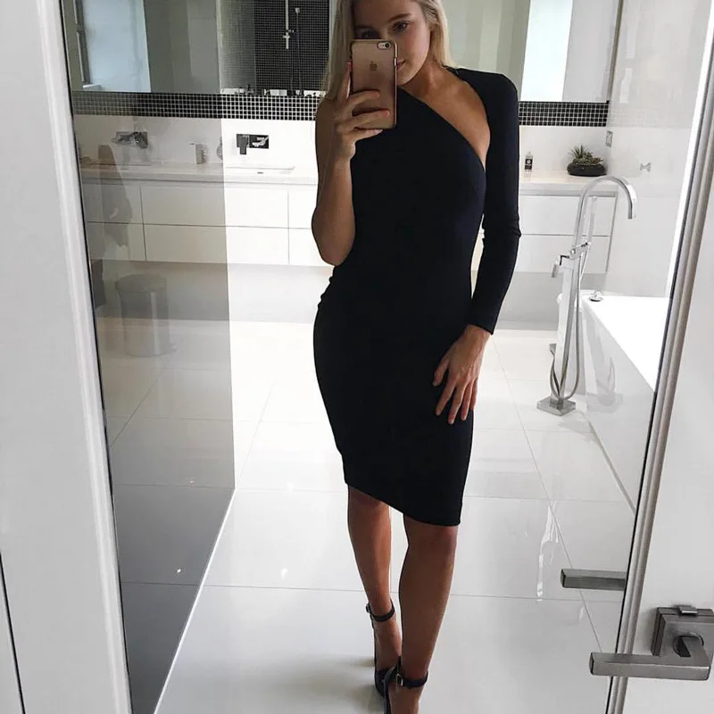 Элегантные на одно плечо Черные миди платья открытая спина выдалбливают