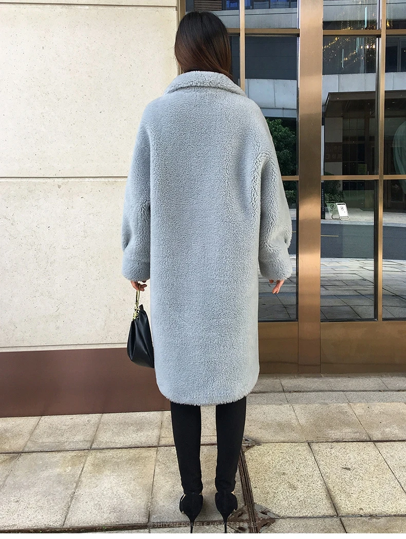 SY07 Fall winter women 30% real wool fur coat overcoat Horn buckle warm pocket sheep shearing girl fur coats lady long jacket