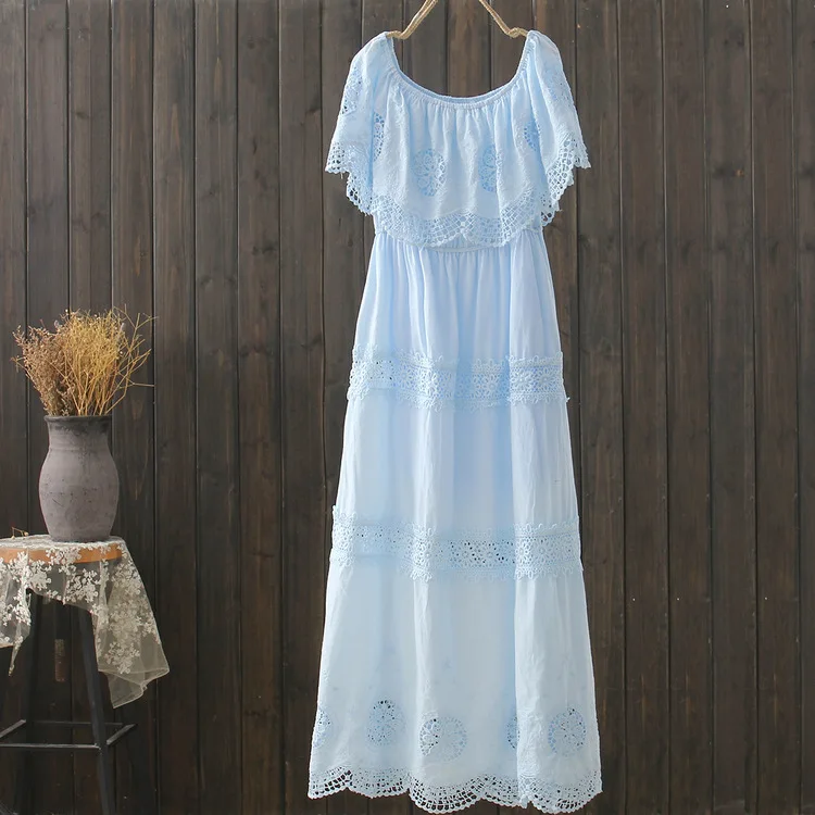 summer fairy Four-color-sweet lace slash neck hollow out patchwork cotton full dress S26882 | Женская одежда