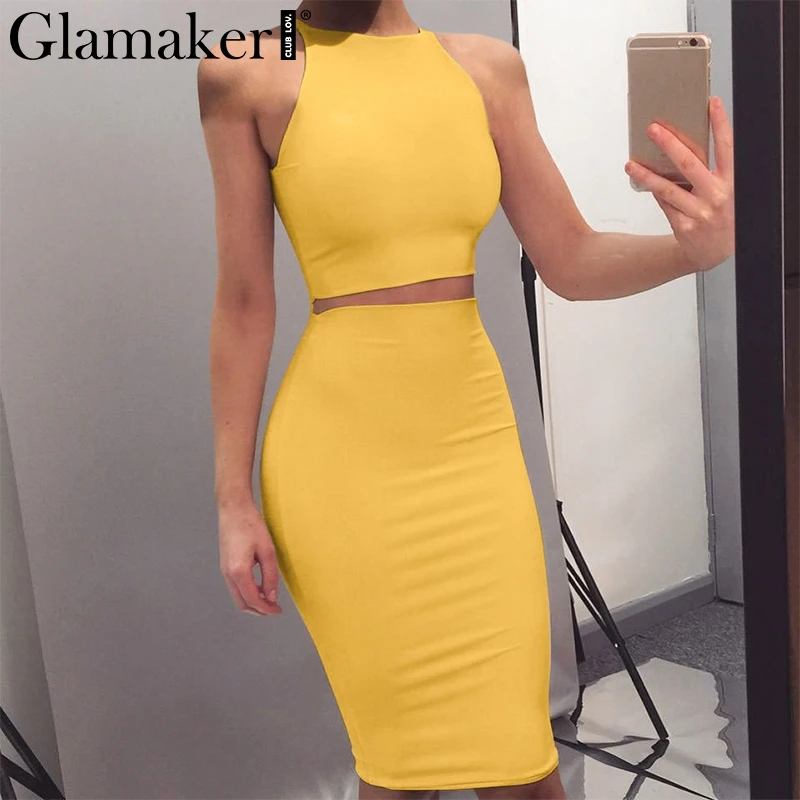 Женское облегающее короткое платье Glamaker желтое винтажное миди без рукавов
