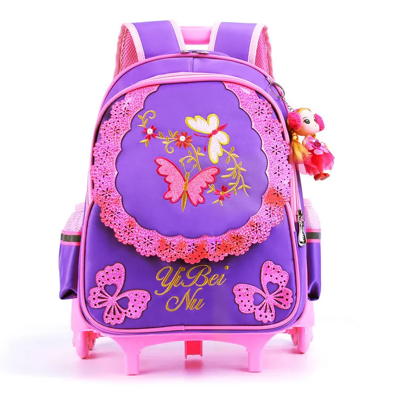 three wheel purple Школьный рюкзак для девочек с 3 колеса бабочки Детские школьные рюкзаки для девочек Водонепроницаемый детская школьная сумка на колесиках рюкзак 2 шт./компл - Цвет: three wheel purple