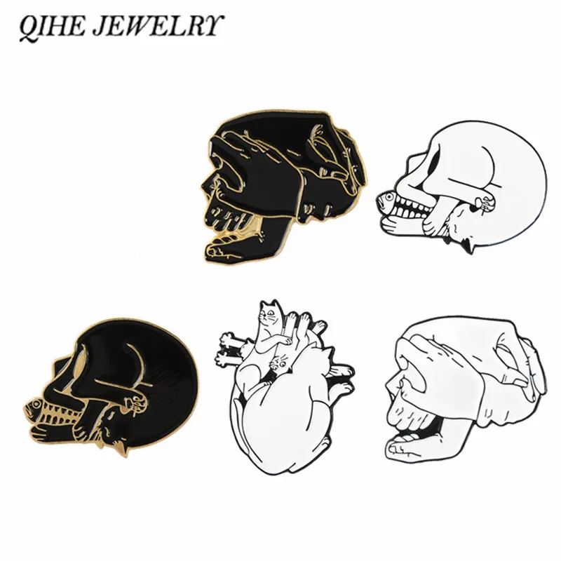 Эмалированные булавки для мужчин и женщин темные броши в стиле панк кошка рыба