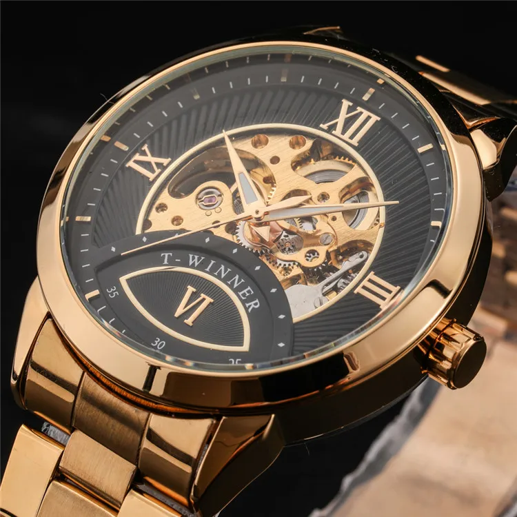 gold black Новые горячие Winner мужские часы военные спортивные часы мужские лучшие брендовые роскошные часы скелетоны автоматические механические стальные мужские часы - Цвет: gold black