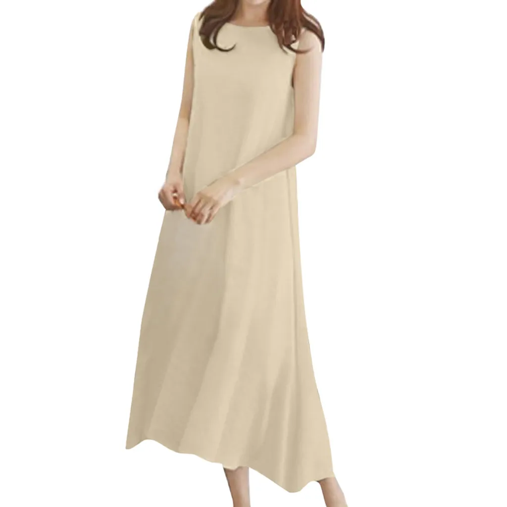 Свободное женское платье из хлопка и льна Туника без рукавов мешковатое бежевое