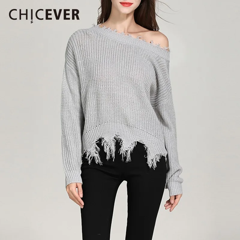 CHICEVER/осенний свитер без спинки для женщин длинный рукав асимметричная кисточка