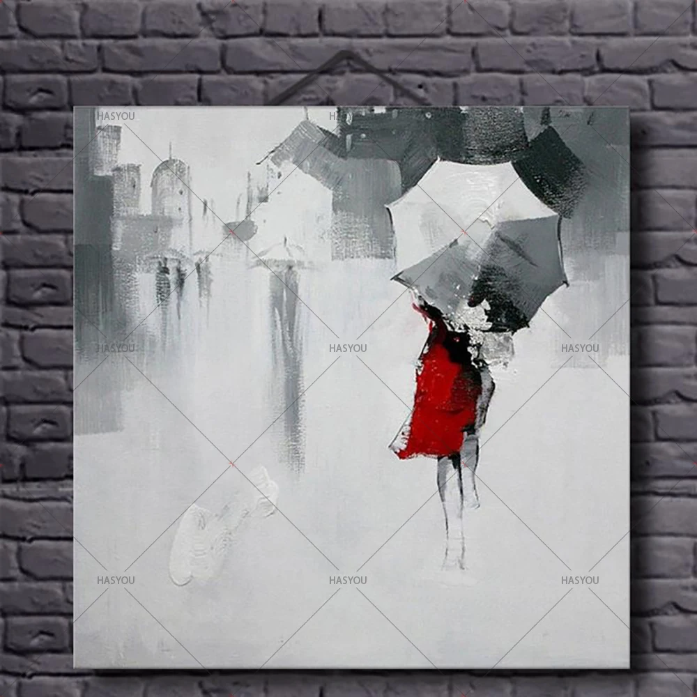 Walk girl in red umbrella картина с дождем маслом на холсте украшение для дома гостиной или