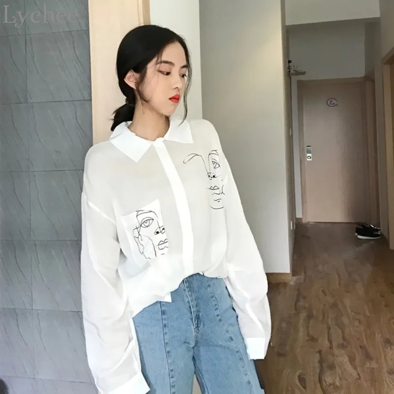 Женская блузка Lychee с принтом лица Повседневная Свободная рубашка длинным