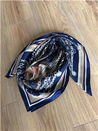 Новое поступление весна осень цепь узор чистый Шелковый шарф саржа ручная работа рулон 90*90 см Шаль Обертывание для женщин леди - Цвет: Тёмно-синий