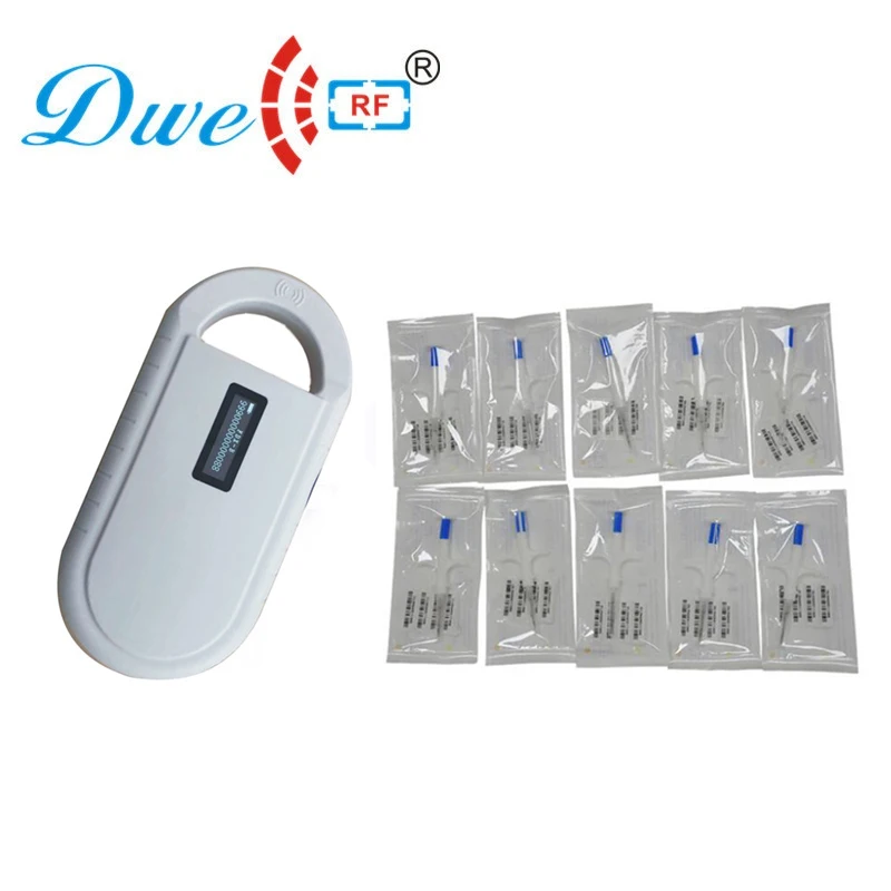 

125khz 134.2khz rfid EM4305 pet microchip reader portable animal scanner with 10pcs 2.12x12mm microchip injector