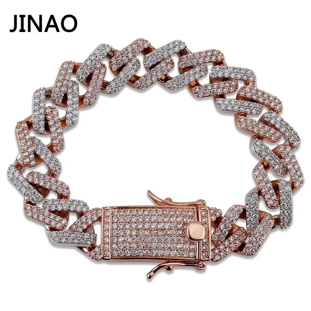 Bi-Color JINAO Мода 14 мм кубинские звенья браслет микро Pave AAA кубический циркон браслет цепочка все льдом очарование хип-хоп ювелирные изделия для мужчин - Окраска металла: Bi-Color