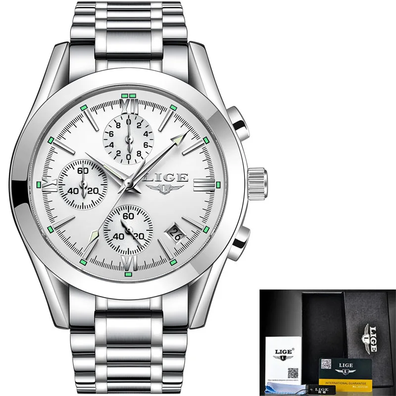 S Silver White LIGE Мужские часы от ведущего бренда, Роскошные военные спортивные часы, мужские водонепроницаемые часы из нержавеющей стали, кварцевые часы, мужские часы+ коробка - Цвет: S Silver White