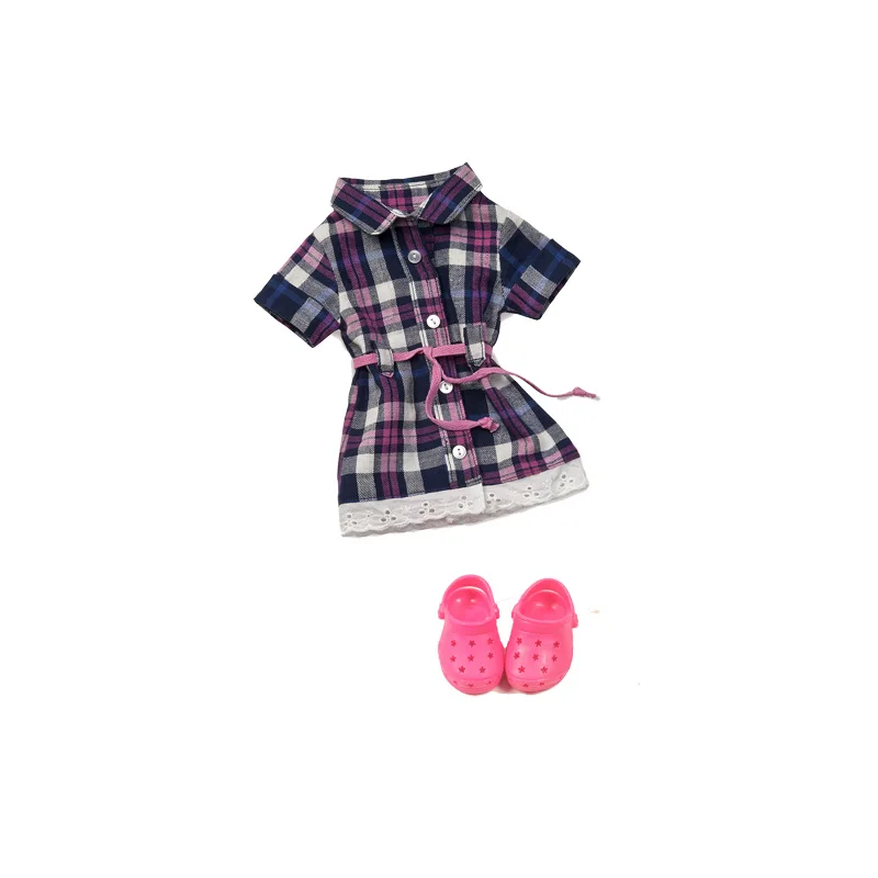 Doll Clothes Fit 18inch 43cm Baby Outfits Long Grid Blouse Dress With Sandals Shoes For 46cm | Игрушки и хобби