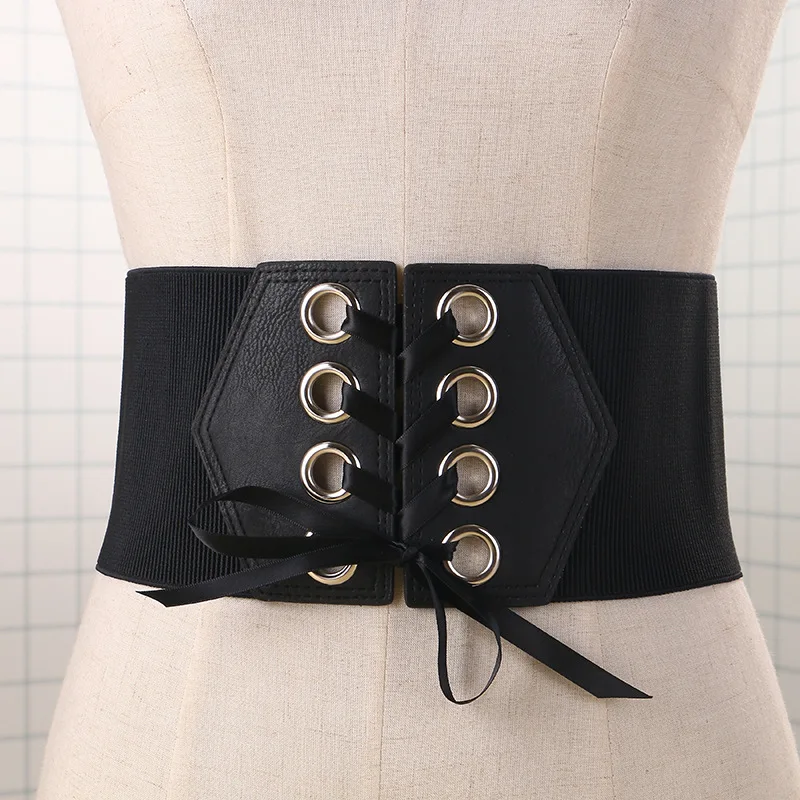 New Fashion wide Elastic belt exaggerated women's Punk Rivet Lace Tied UP Waist belt  Waistbands Clothes Decoration accessories