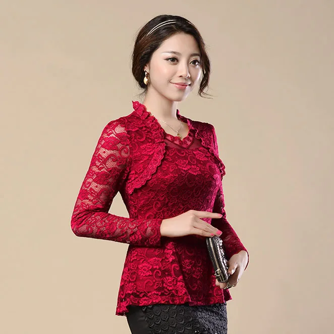 Новая мода renda blusas femininas, Женская кружевная рубашка, открытая кружевная блузка, рубашка для женщин, большие размеры, цветочные кружевные топы