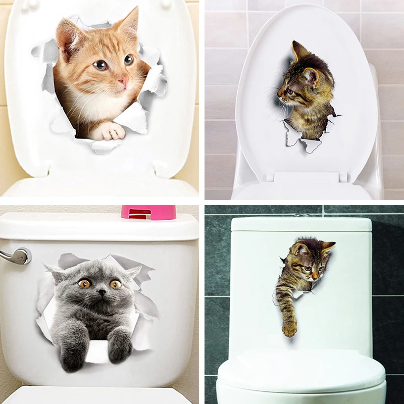Отверстие вид Cat 3D стены Стикеры Ванная комната туалет детская украшение
