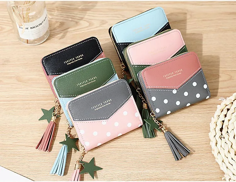 Женский короткий кошелек в горошек Дамский с бахромой сумка на молнии держателем