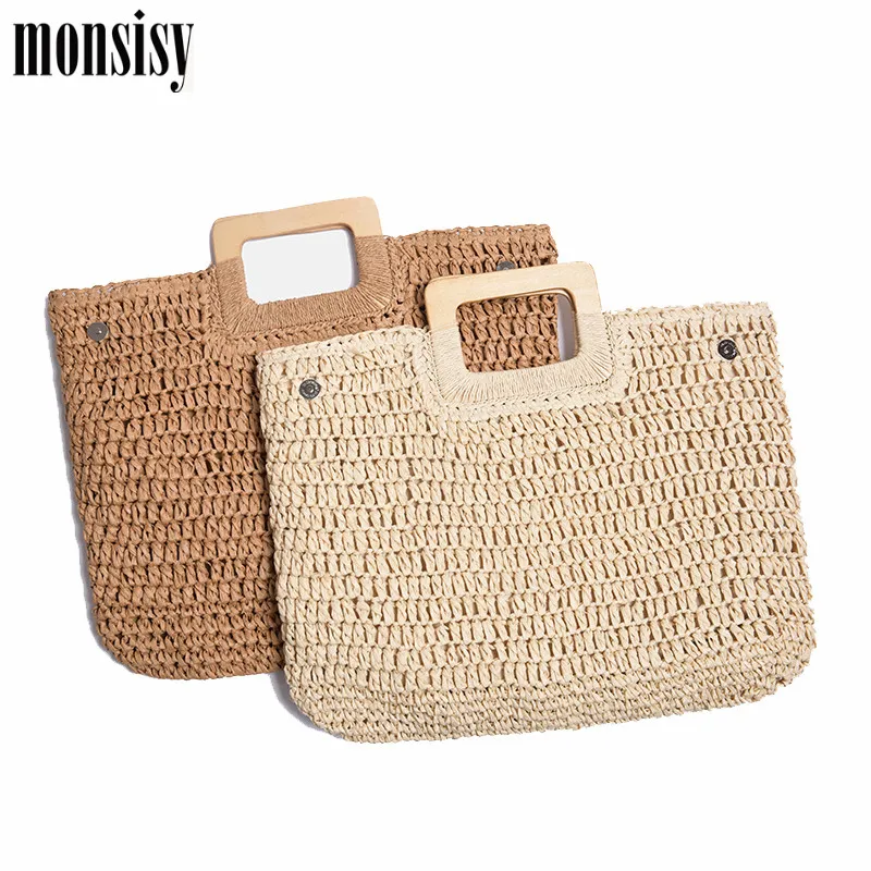 Monsisy Соломенная Сумка Пляжная для женщин 2019 с деревянной ручкой большая емкость