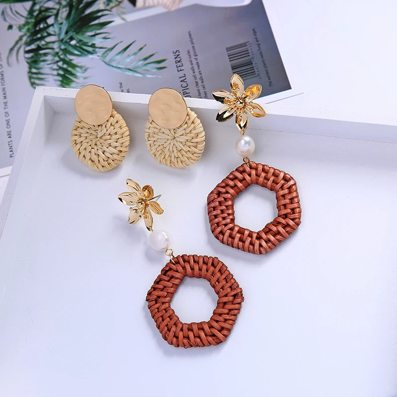Trendy Bohemia Handmade Straw Woven Earrings Geometric Round Square Shape Stud For Women Fashion Jewelry | Украшения и аксессуары