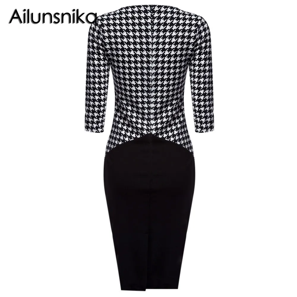 Ailunsnika 2018 Women Fashion O-Neck Half Sleeve Plaid Slimming Bodycon Party Casual Knee-Length Pencil Dress YE-D034 Женская одежда