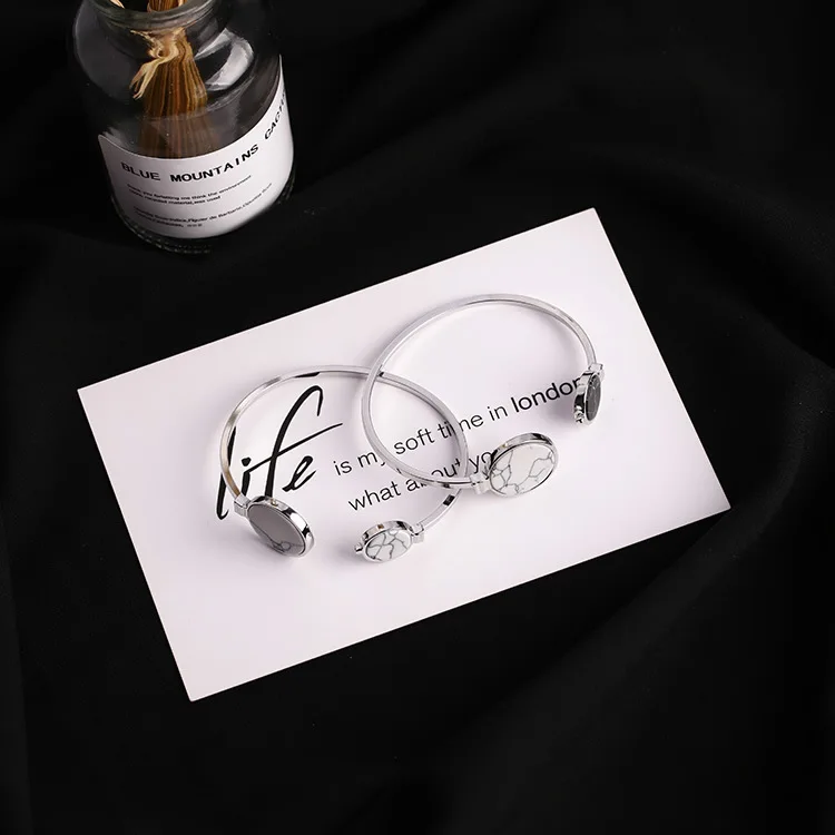 

2017 Trendy Simple Classic Asymmetry Black White Marble Faux Stone Bracelets Bangles Open Adjustment Bracelets For Women