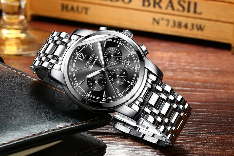 Montre homme Switzerland BINGER модные автоматические часы для мужчин 24 часы с календарем неделя Сапфир Водонепроницаемый светящийся Horloges mannen