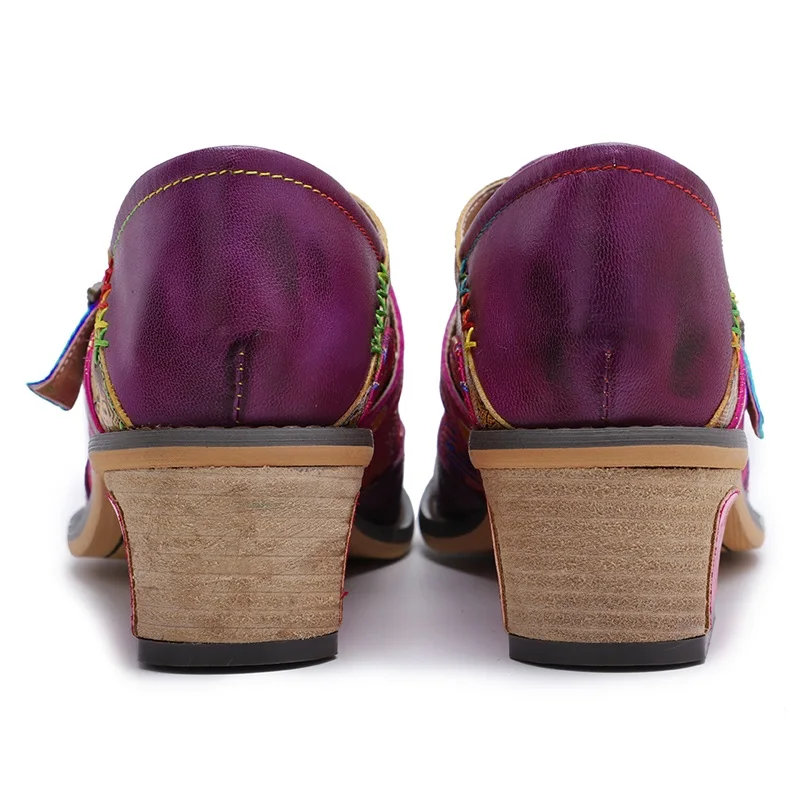 

MORAZORA Genuine leather shoes women pumps Ethnic Retro buckle flower printing leather square high heels party shoes woman