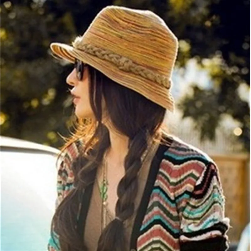 2019 новые летние Для женщин в богемном стиле полоску соломенный джазовый шляпа с
