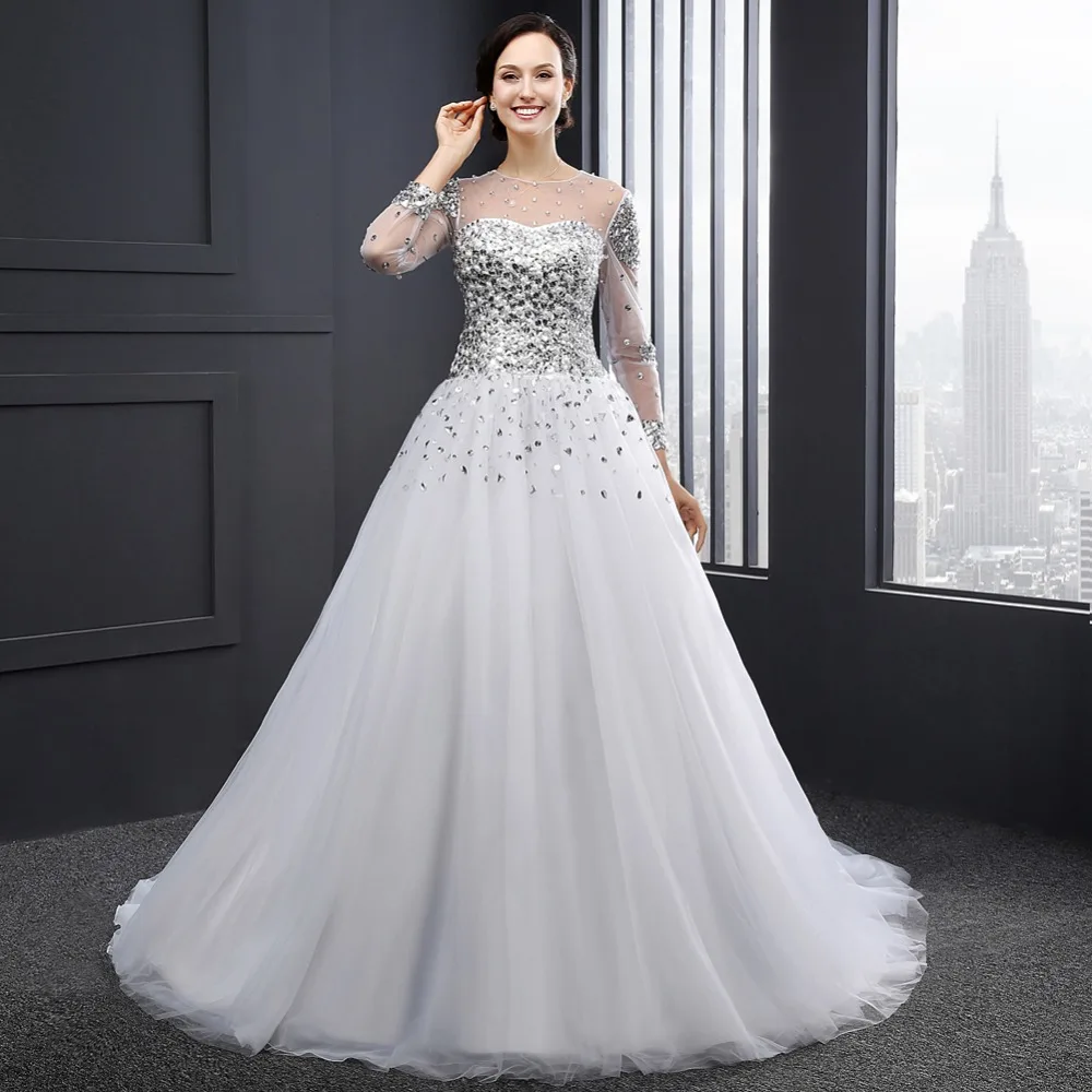 Белый узелок платье-линии развертки поезд кристалл раскаты тюль Vestido де Noiva с