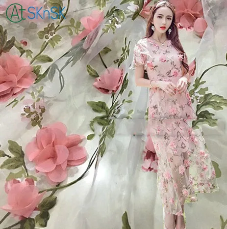 

High grade good quality organza cloth 2meter/lot pink applique fabric wedding decoration 3D flower chiffon fabrics for patchwork