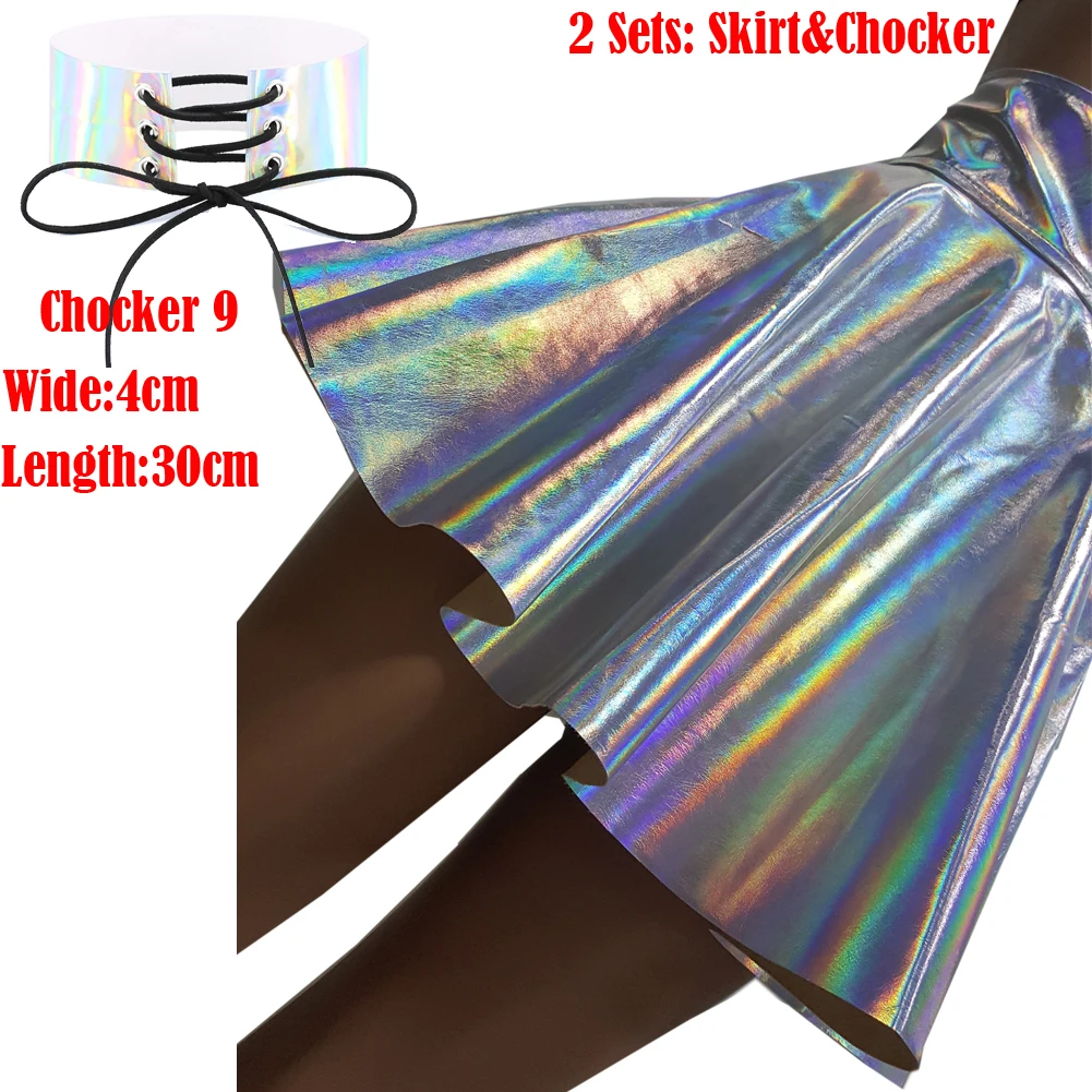 367 skirt chocker 9 Женская серебряная голографическая виниловая юбка, праздничная одежда, Панк лазерная голограмма, фольга, ткань, юбка для скейтера - Цвет: 367 skirt chocker 9