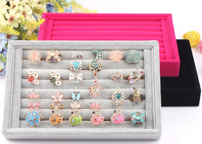

2018 New Earring Ring Storage Wooden Flat Tray Organizer Velvet Protective Carrying Case Earring Display Stand Holder 3 Colors