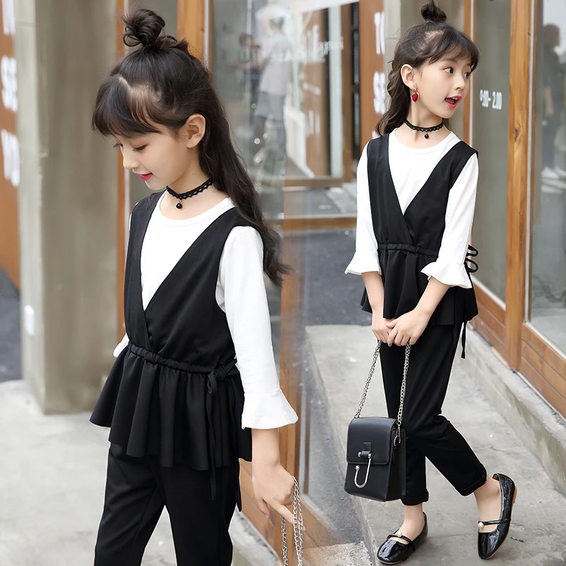 2019 Brand Girls Sport Clothes Set For Autumn Spring Vest+Long Sleeve+Pants 3 Pcs Kid School Perform | Детская одежда и обувь