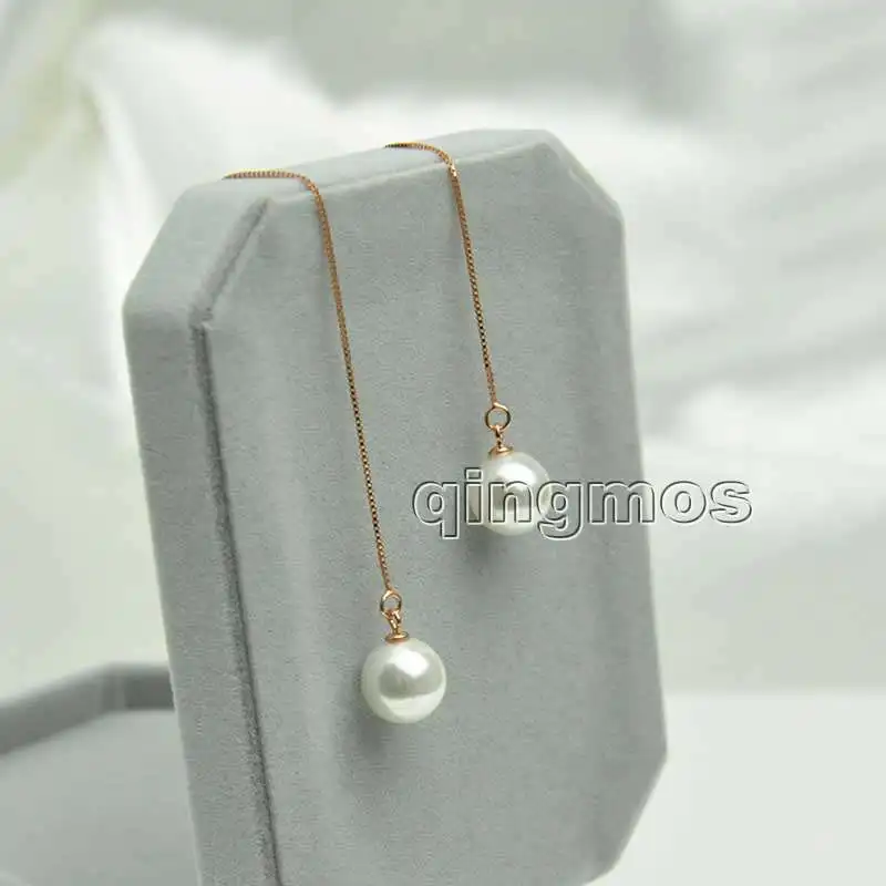 

Fashion Big 10mm White Round Sea shell pearl and Rose Gold sterling silver s925 Ear Line dangle 4'' Earring-ear676