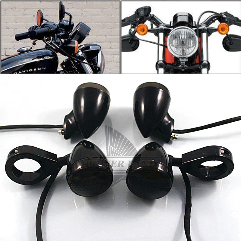 

New Black Front Rear Motorcycle LED Turn Signal Amber Light 39mm Blinker Fork Clamp Smoke Lens Universal Fit For Harley 4pcs