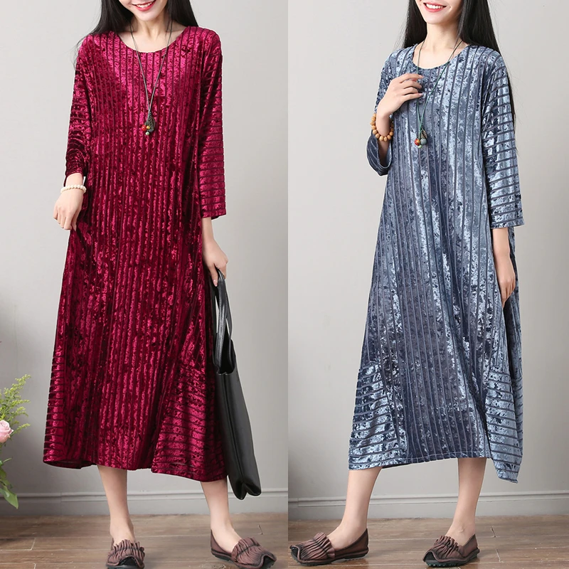 2018 Spring Lagenlook Velvet Striped O-Neck Loose Dress Women Vintage Plus Size Long Sleeve A-Line | Женская одежда