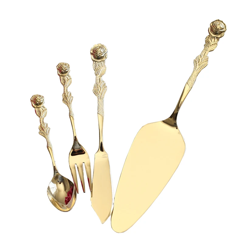 Свадебное украшение Золотая резная розовая десертная кофейная ложка вилка с