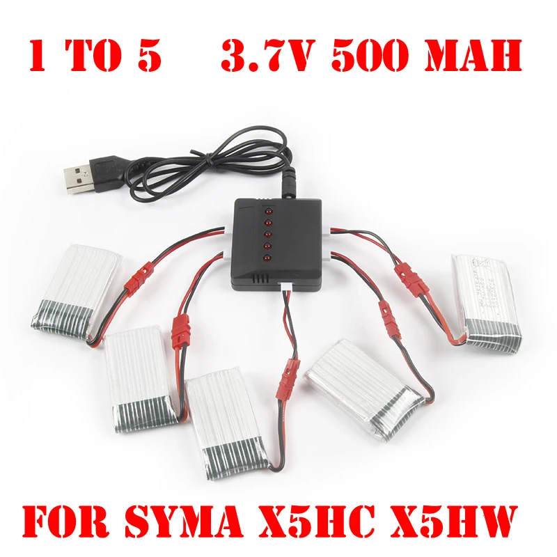 

5pcs * 3.7V 500mAh Baterry RC Quadcopter 5-port Charger for Syma X5HC X5HW with 3.7V 500mAh 25C Battery for Syma X5HC-1 X5HW-1