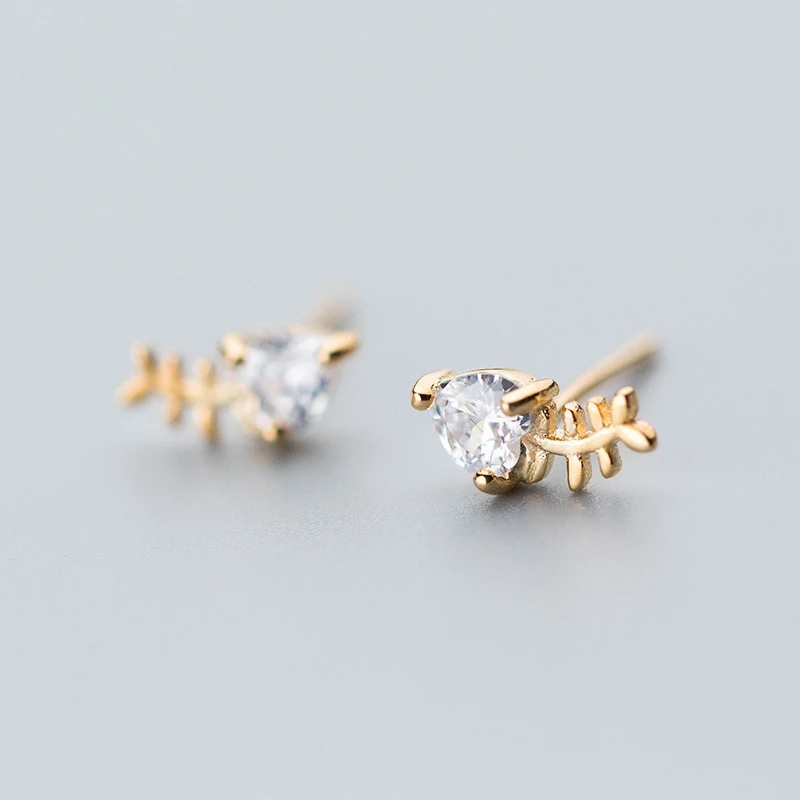 

Jinleansu Fish Bone Stud Earrings 925 Sterling Silver Cute Drill Fish Ear Nail Jewelry For Women Girl