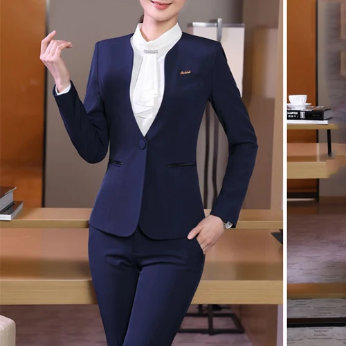 1903 BLUE PANT SET Весенняя тонкая рабочая одежда для женщин, пиджак для брюк, OL Модный деловой блейзер с брюками, набор размера плюс, элегантный офисный деловой костюм для женщин - Цвет: 1903 BLUE PANT SET
